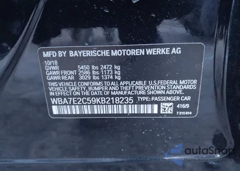 2019 BMW 740I из США, поврежденный, VIN WBA7E2C59KB218235